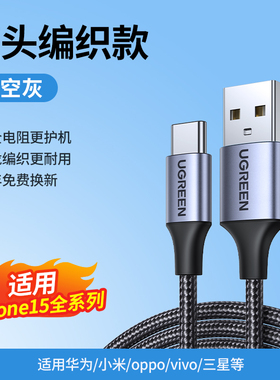 Ugreen绿联L514/us288 TypeC数据线安卓iPhone15充电线USB口快充3A铝壳编织车载Carplay适用苹果16华为手机