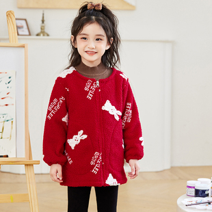 秋冬女童罩衣儿童加绒加厚拉链外穿可爱洋气宝宝泰迪绒羽绒服罩衫