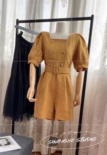 收腰短裤连体棉麻显白显瘦