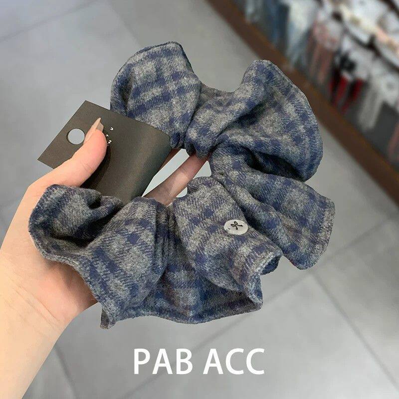 韩国撞色格纹木耳边褶皱肥肠圈学院风少女宽边显脸小洋气头绳发圈