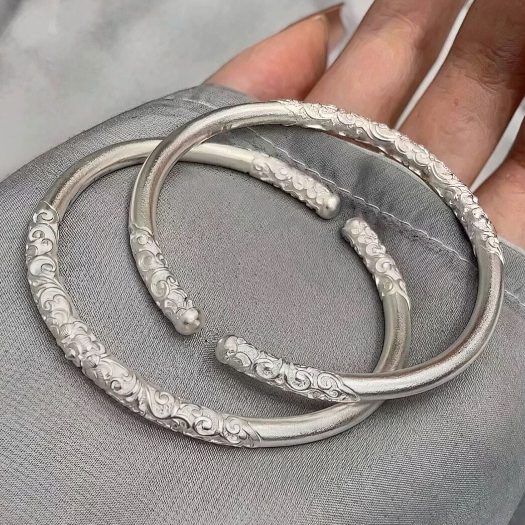 卷草纹银色开口古法祥云手镯女镀纯银轻奢小感设计手饰不掉色手环