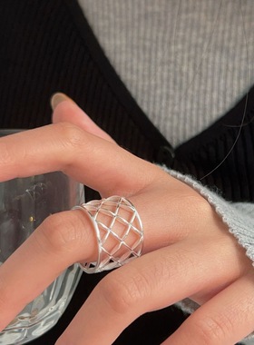 S925纯银镂空编织几何戒指女森系ins时尚设计感夸张指环百搭气质