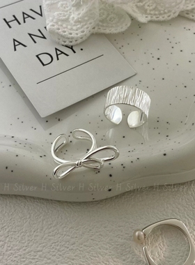 S925纯银竖条纹理戒指蝴蝶结戒指小众设计百搭食指指环甜美风女潮