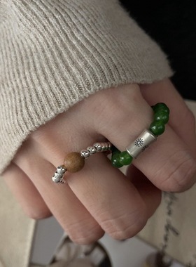 S925银天然绿玛瑙檀木银珠戒指套装中式美学极简冷淡风日常百搭潮