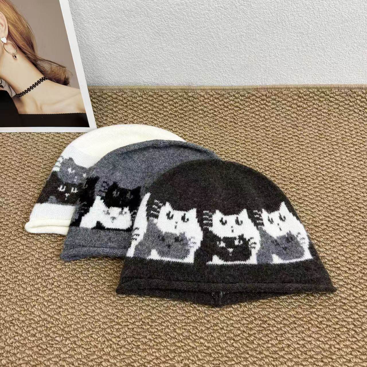 帽子女秋冬新款保暖冷帽可爱小猫提花图案针织帽显脸小包头毛线帽