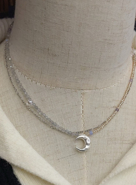 S925银天然闪光石小清新风格拉丝月亮小花项链韩风搭配甜酷少女风