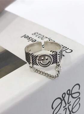 S925银ins风笑脸链条戒指韩版东大门休闲百搭个性十足指环时尚潮