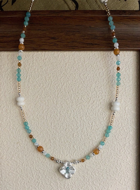 S925纯银天河石橙石榴石项链马蹄螺贝母红东陵玉拉丝婆婆纳四瓣花