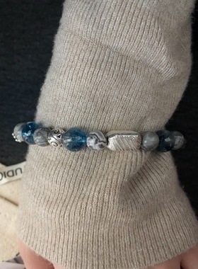 S925银天然地图石蓝色幽灵水晶拉丝银块手链小众简约日常通勤百搭