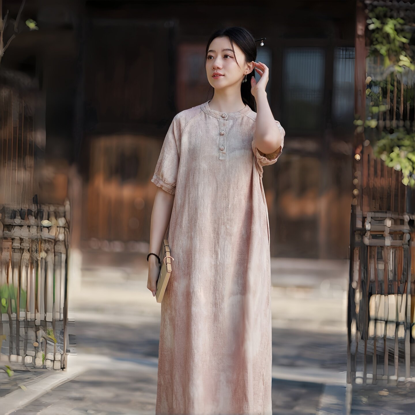 新中式苎麻渲染泡泡袖连衣裙女夏季新中式复古盘扣气质显瘦长裙
