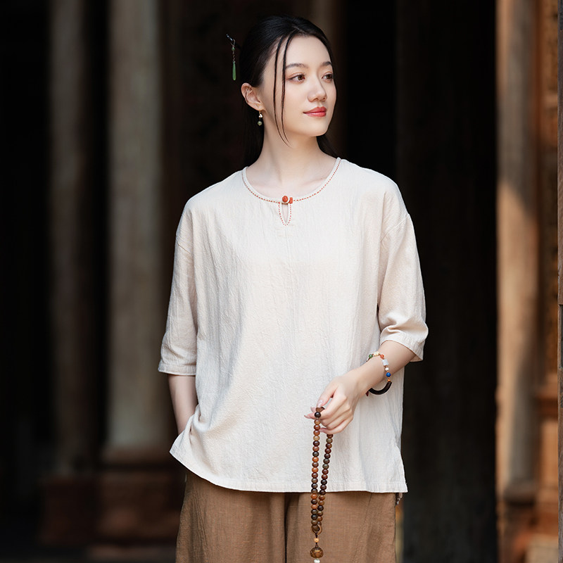 新中式复古盘扣上衣女夏季新款原创文艺范T恤衫圆领套头衫短袖T恤