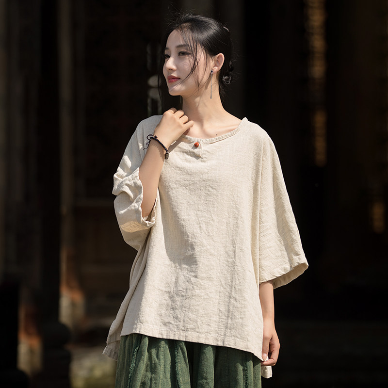 苎麻夏季薄款短袖T恤中式套头衫