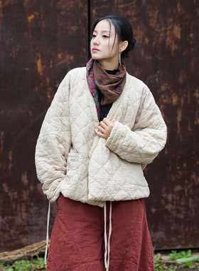 棉麻夹棉外套女冬季新款原创禅意女装国风斜襟系绳棉服外穿棉袄