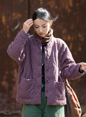 新中式棉麻夹棉棉服女冬季新款原创禅意女装国风复古盘扣棉袄外套