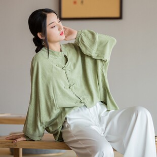 复古斜襟盘扣上衣女2026年春夏新款女装中式茶服蝙蝠袖宽松衬衫