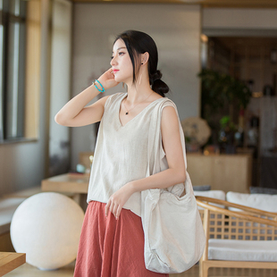 棉麻吊带背心女外穿夏季 上衣 薄款 亚麻文艺宽松T恤V领气质内搭无袖