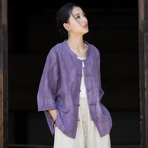 棉麻立领盘扣上衣女扎染薄款开衫