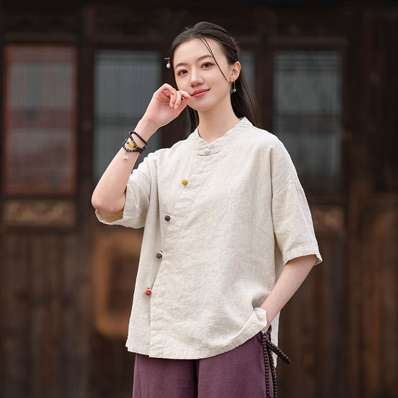 棉麻T恤斜襟盘扣苎麻短袖上衣