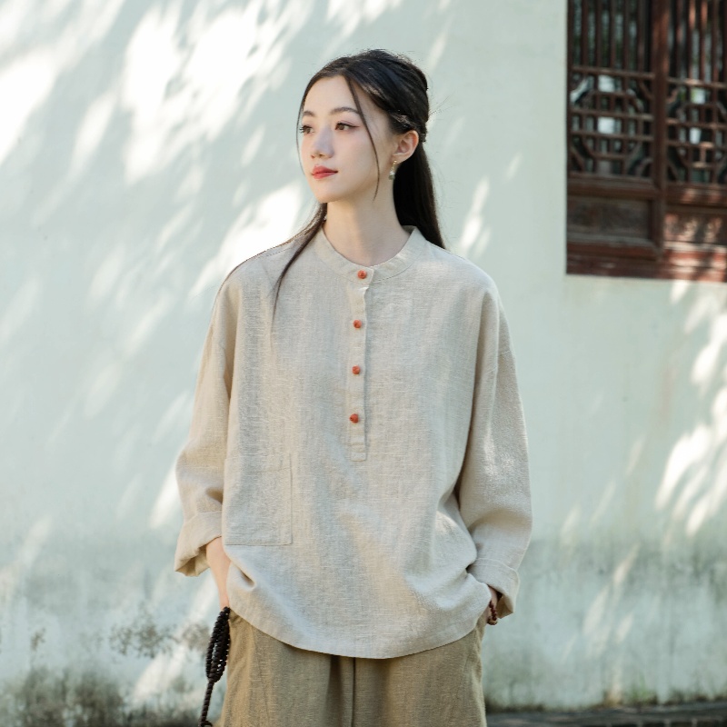 新中式棉麻T恤上衣女禅意茶服