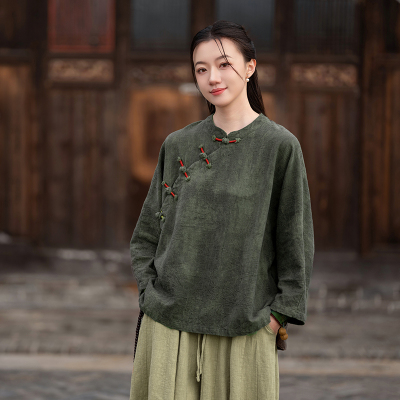 棉麻禅意渲染上衣女苎麻衬衫