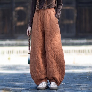 棉麻棉裤女冬季新款原创复古夹棉裤绗缝菱形加厚保暖灯笼裤外穿