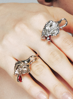 1JINN M2M 复古金属花朵水滴钻开口戒指女轻奢小众设计感手饰