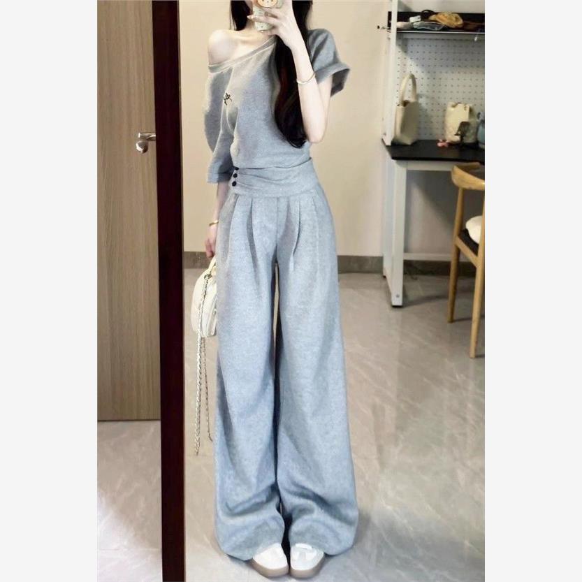 运动套装女夏季学生韩版宽松时尚网红盐系斜肩短袖长裤休闲两件套