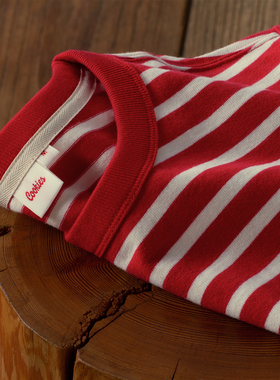 重磅300G学院红米白条纹日系复古纯棉圆领短袖男女款正肩T恤