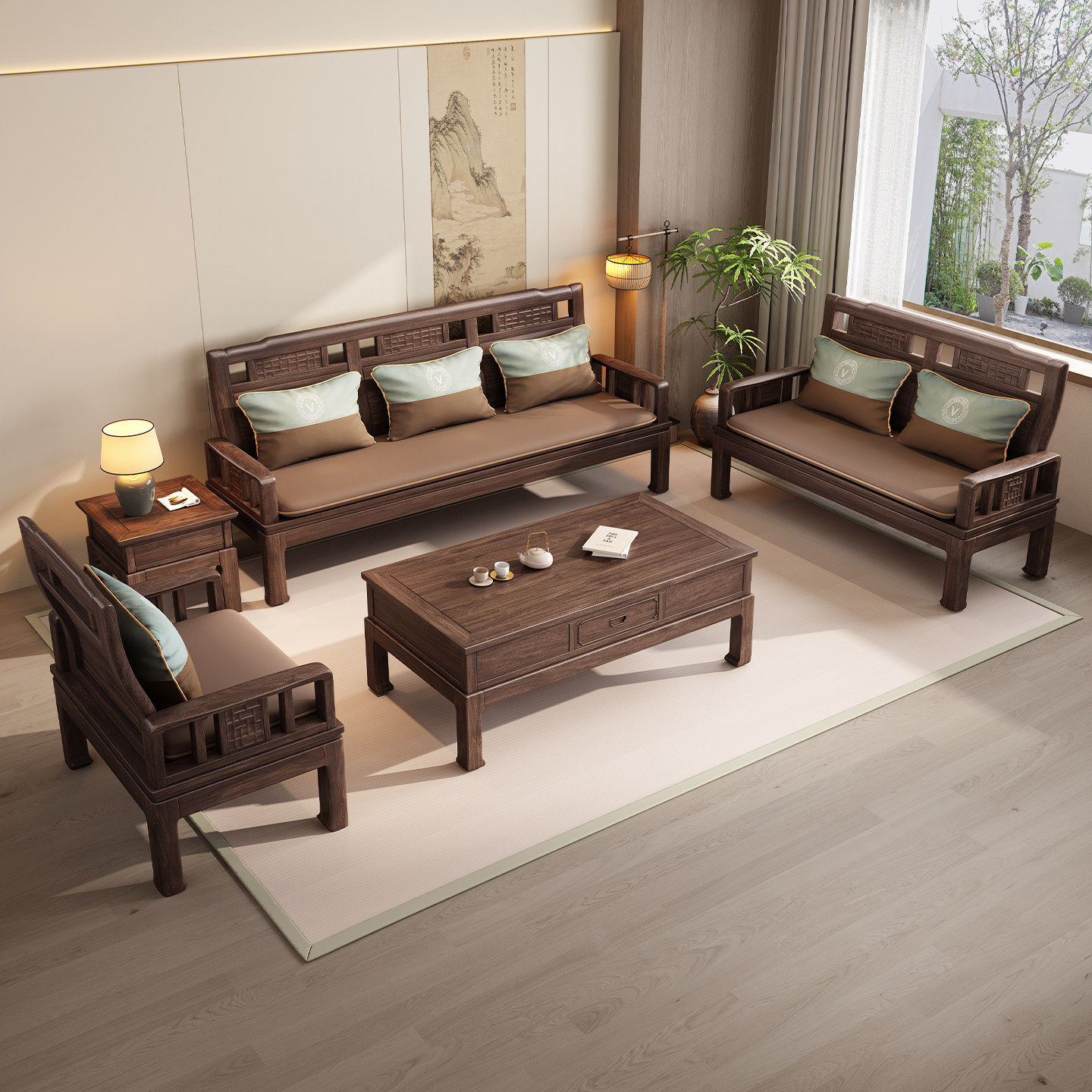 现代新中式冬夏两用实木沙发组合简约三人小户型木质U型客厅家具