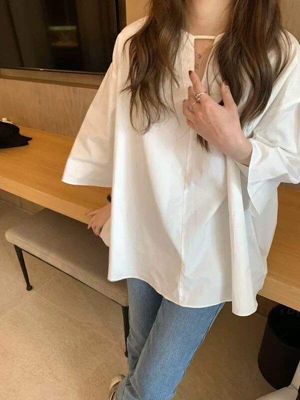 语晴定制女装肥妹妹大码春夏日系时尚简约镂空宽松显瘦七分袖衬衫