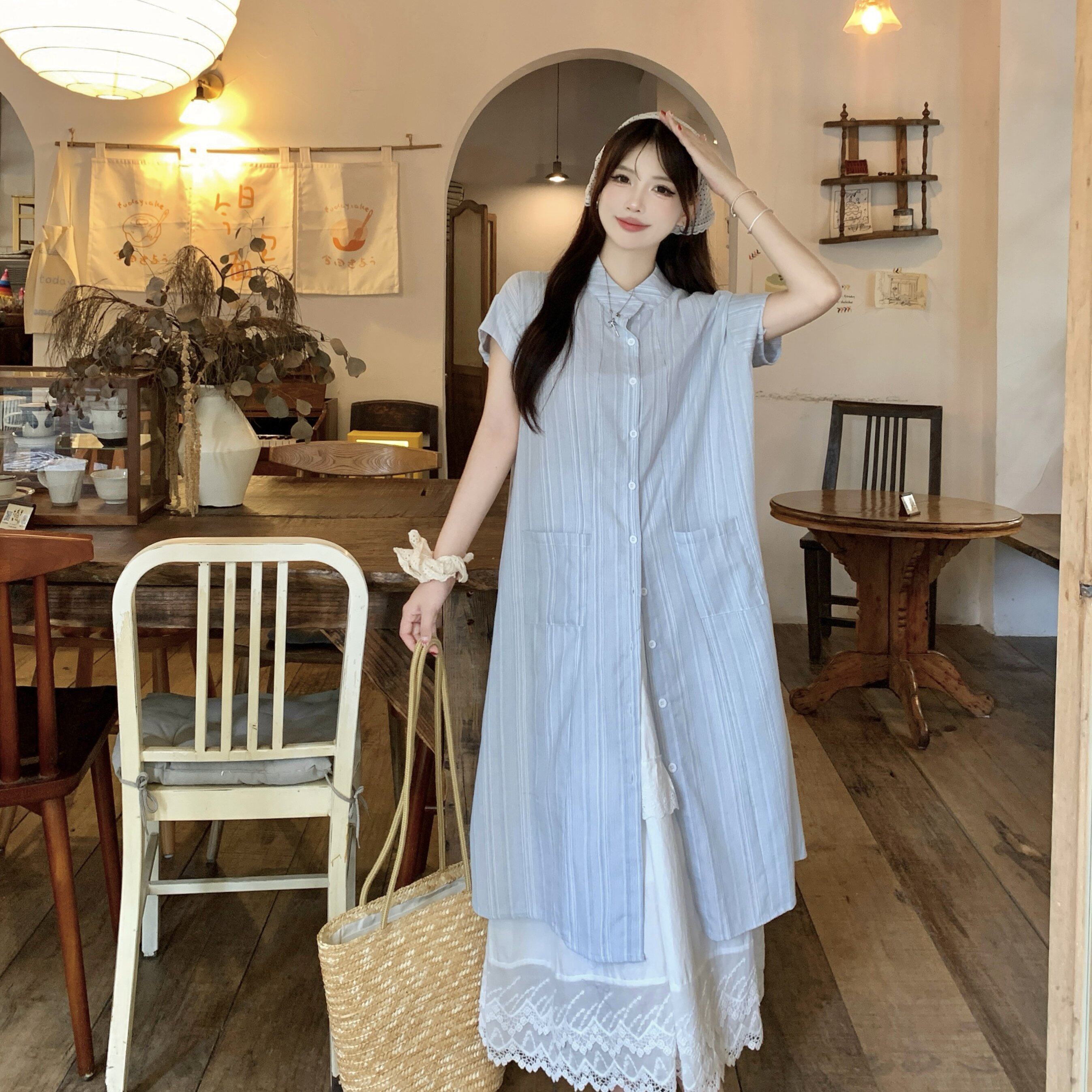 Hi以南甜美叠穿套装女2024夏新款条纹衬衫连衣裙蕾丝半身裙两件套