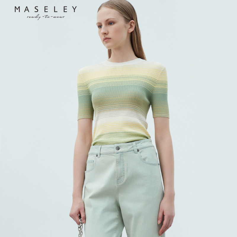 Maseley/玛塞莉套头短袖毛衫夏款减龄修身性感显瘦上衣女