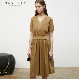 Maseley/玛塞莉V领连衣裙秋季新款优雅气质文艺典雅裙子女