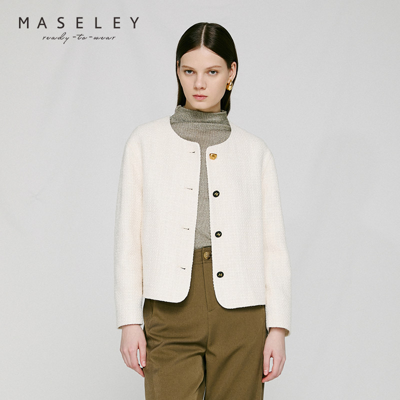 Maseley/玛塞莉年秋季新款百搭简约白色针织衫女温柔毛衣外套