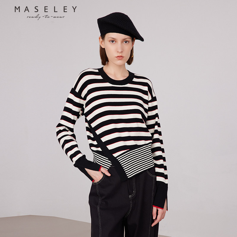Maseley/玛塞莉圆领套头毛衫春款条纹时尚不规则毛针织上衣女