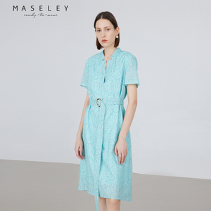 Maseley/玛塞莉纯棉连衣裙夏季新款腰带收腰气质优雅裙子女