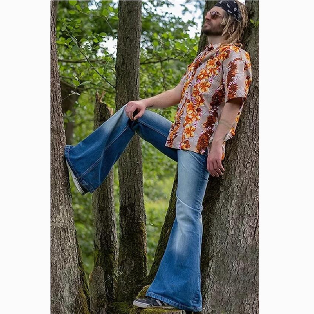 高腰复古男士牛仔喇叭裤