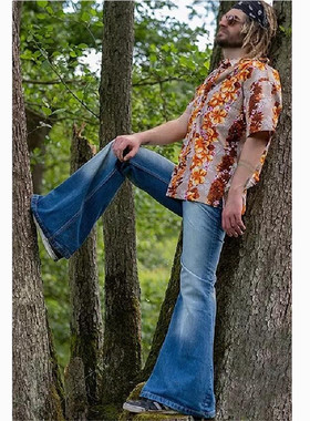 高腰复古男士牛仔喇叭裤