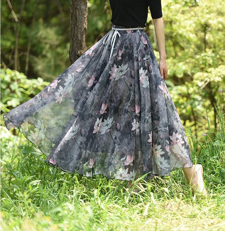 系绳装饰雪纺印花半身裙女