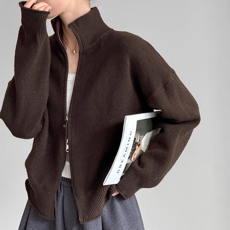 休闲立领拉链针织开衫