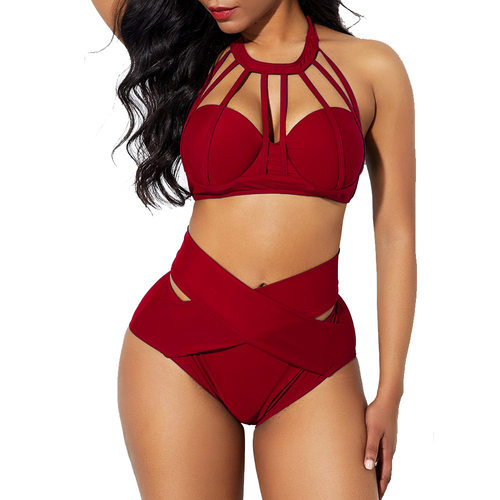 High Waist Halter Bikini Split Set with Chest Pad比基尼套装