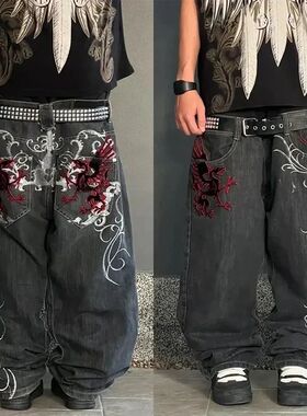 复古款宽松刺绣牛仔裤American vintage baggy embroidered jeans