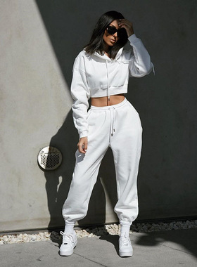 Fleece Long Sleeve Crop Hoodie Pants Set长袖连帽衫长裤套装女