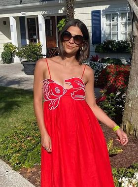 Three-dimensional floral red slip dress 立体花红色吊带连衣裙