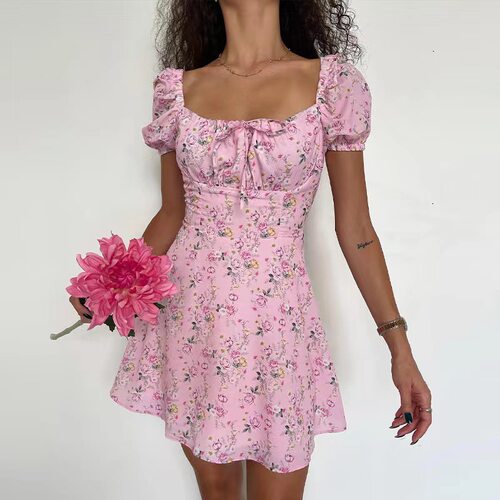 复古碎花性感高腰连衣裙