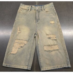 Leg 高腰宽松做旧破洞牛仔直筒短裤 Wide Ripped Jeans Vintage