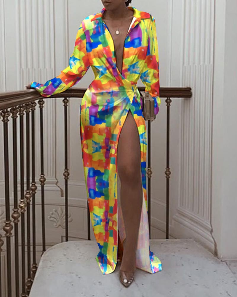 女士长袖开叉拖地衬衫裙