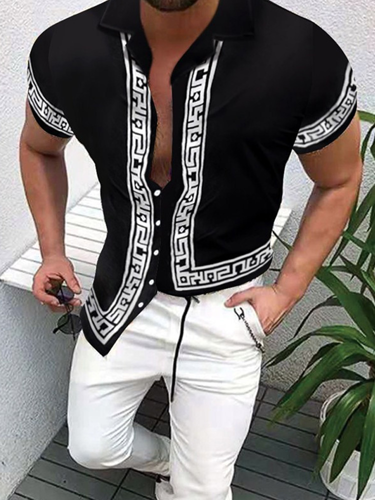 宽松印花短袖开衫衬衫