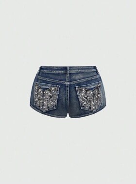 复古刺绣烫钻辣妹高腰牛仔短裤女Vintage Embroidered Hot Pants