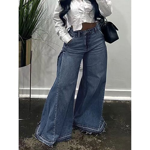 女水洗拼接宽松拖地流苏喇叭裤